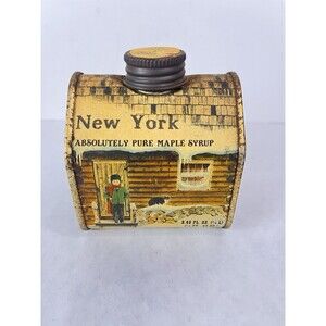 Vintage New England Container Co./Vermont Pure Maple Syrup Log Cabin Tin w/Top
